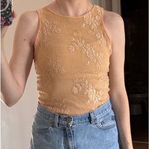 Cacique Lingerie Vintage Peach Flower Embroidered Semi-sheer Top